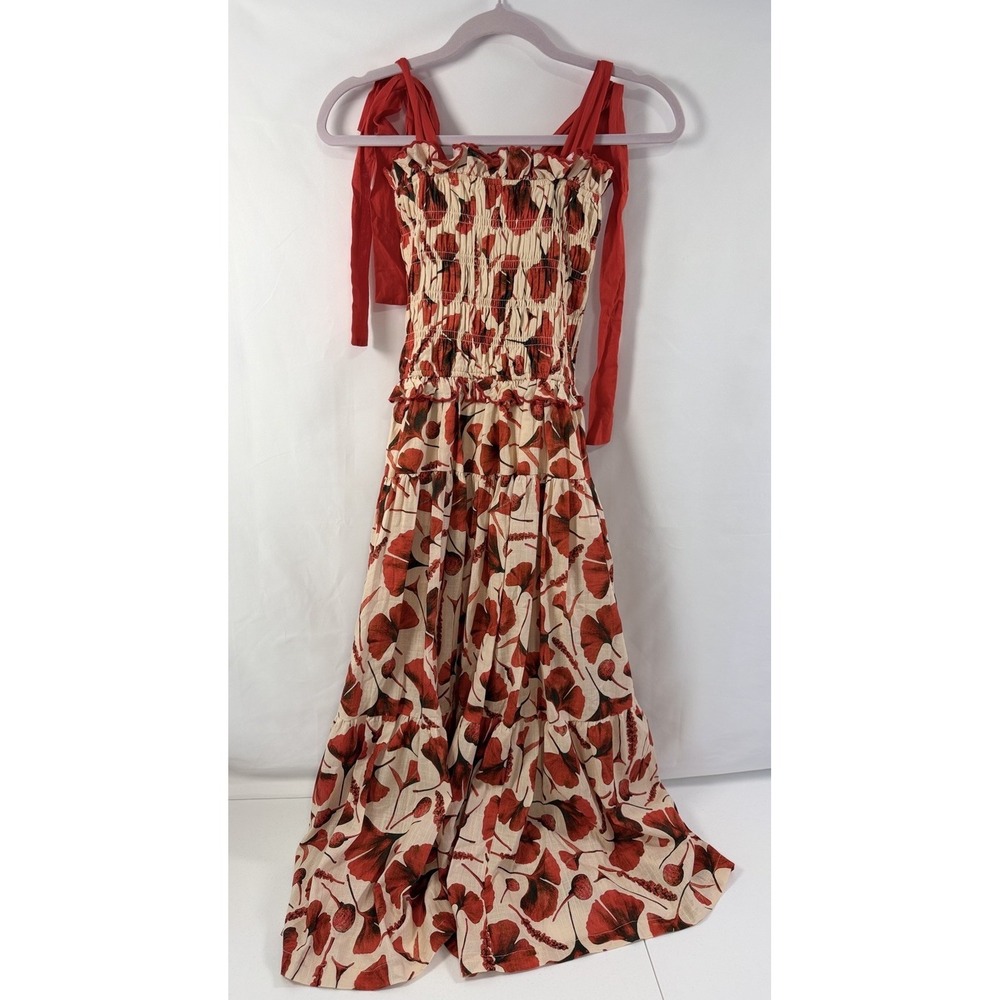 En Saison Dress Small Midi Tiered Smocked Cream Red Floral Leaf Cottagecore